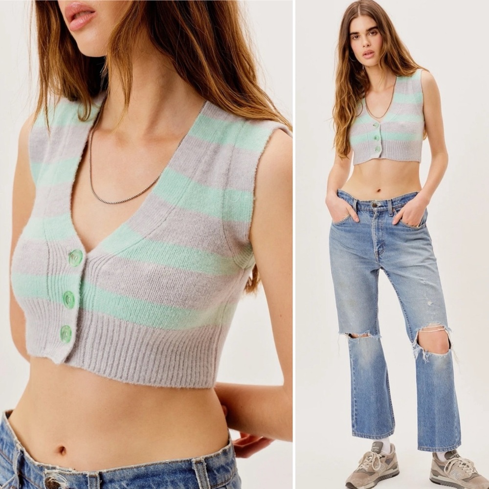 NWT For Love and Lemons Maud Crop Stripe Gray Mint Green Knit Vest Y2K